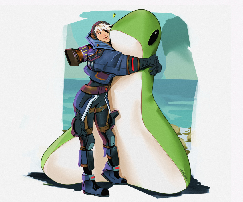 1girl absurdres apex_legends black_bodysuit black_eyes black_gloves blue_footwear blue_jacket bodysuit gloves hair_over_one_eye heart highres hood hooded_jacket jacket nessepack nessie_(respawn) object_hug official_alternate_costume smile solo thigh_strap water wattson_(apex_legends) white_background white_hair