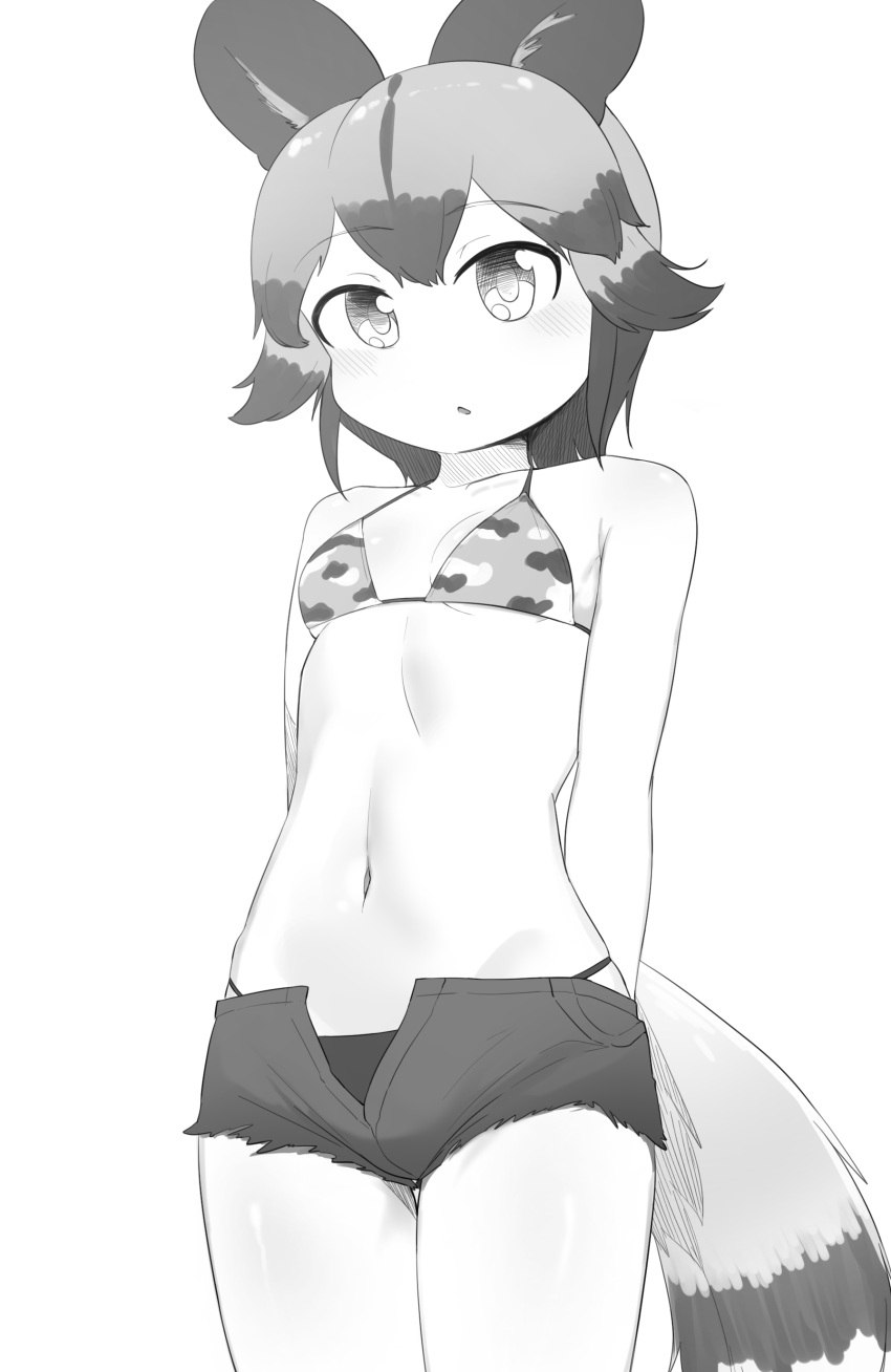 1girl absurdres african_wild_dog_(kemono_friends) animal_ears arms_behind_back bangs bikini breasts chis_(js60216) commentary_request cutoffs dog_ears dog_tail eyebrows_visible_through_hair greyscale halterneck highres kemono_friends looking_at_viewer micro_shorts mismatched_bikini monochrome navel open_fly parted_lips print_bikini short_hair shorts small_breasts solo standing swimsuit tail