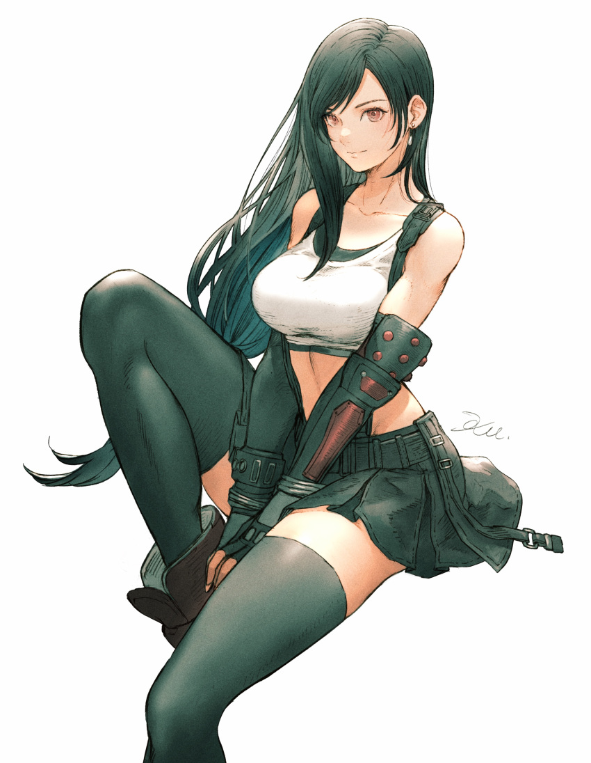 1girl absurdres bangs black_hair black_skirt boots breasts crop_top drop_earrings earrings elbow_pads final_fantasy final_fantasy_vii final_fantasy_vii_remake fingerless_gloves gloves highres jewelry kuroimori large_breasts long_hair looking_at_viewer low-tied_long_hair midriff own_hands_together pencil_skirt pleated_skirt red_footwear shirt sitting skirt solo suspender_skirt suspenders suspenders_gap swept_bangs tank_top taut_clothes taut_shirt thigh-highs tifa_lockhart watermark white_background white_tank_top zettai_ryouiki