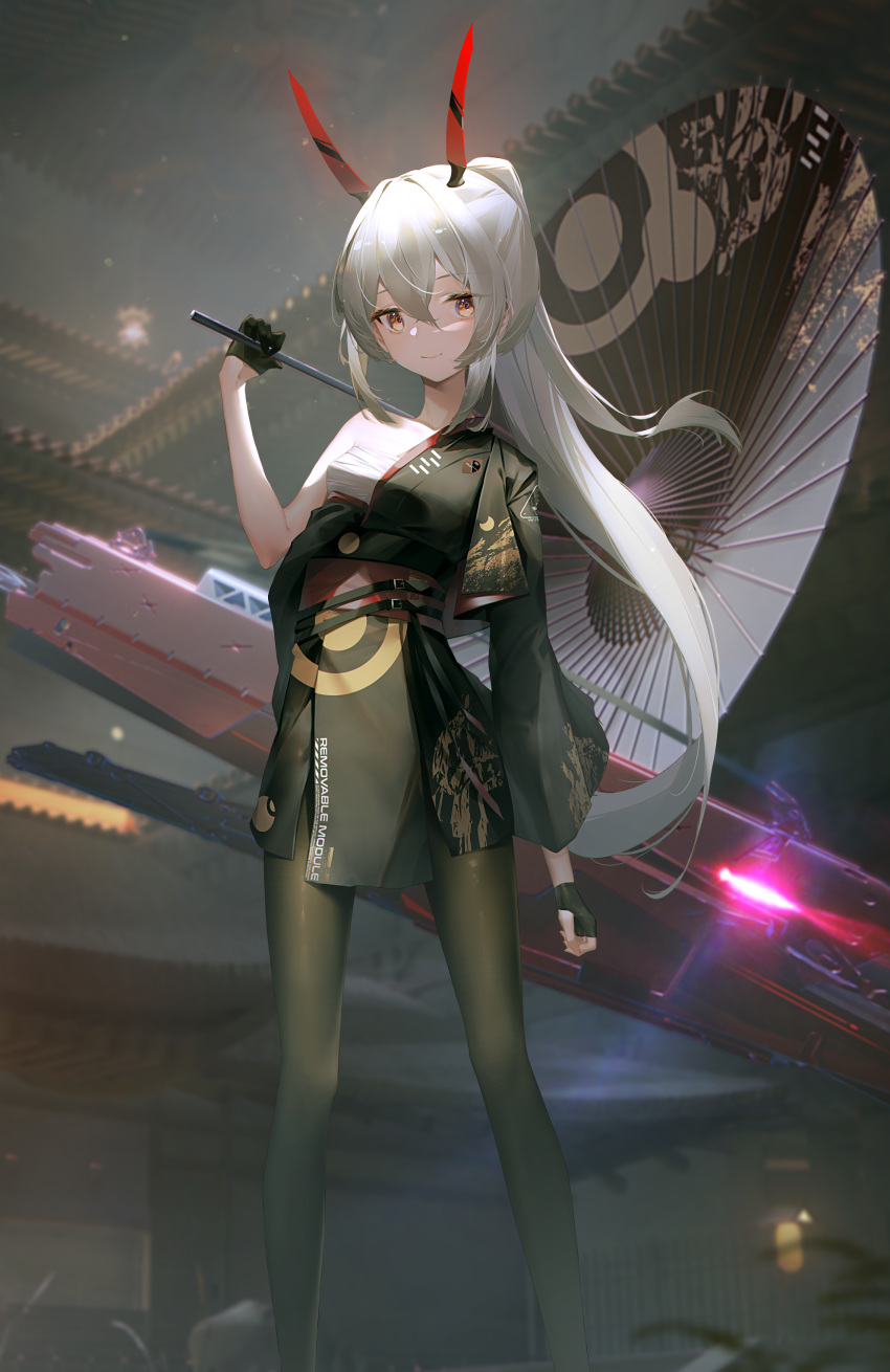 1girl absurdres architecture artist_name ayanami_(azur_lane) azur_lane black_gloves black_legwear breasts closed_mouth east_asian_architecture feet_out_of_frame fingerless_gloves full_body gloves hair_ornament highres holding holding_umbrella horns japanese_clothes ka11_ca long_hair looking_at_viewer off_shoulder oil-paper_umbrella pantyhose ponytail sandals sarashi scenery silver_hair small_breasts smile solo standing umbrella yellow_eyes