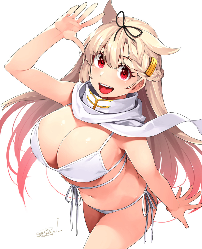 1girl :d arm_up bangs bikini blonde_hair braid breasts commentary_request cowboy_shot dated eyebrows_visible_through_hair hair_between_eyes hair_ornament hairclip hairy happa_(cloverppd) highres huge_breasts kantai_collection long_hair looking_at_viewer navel red_eyes remodel_(kantai_collection) scarf side-tie_bikini signature simple_background smile solo sparkling_eyes swimsuit very_long_hair white_background white_bikini white_scarf yuudachi_(kancolle)