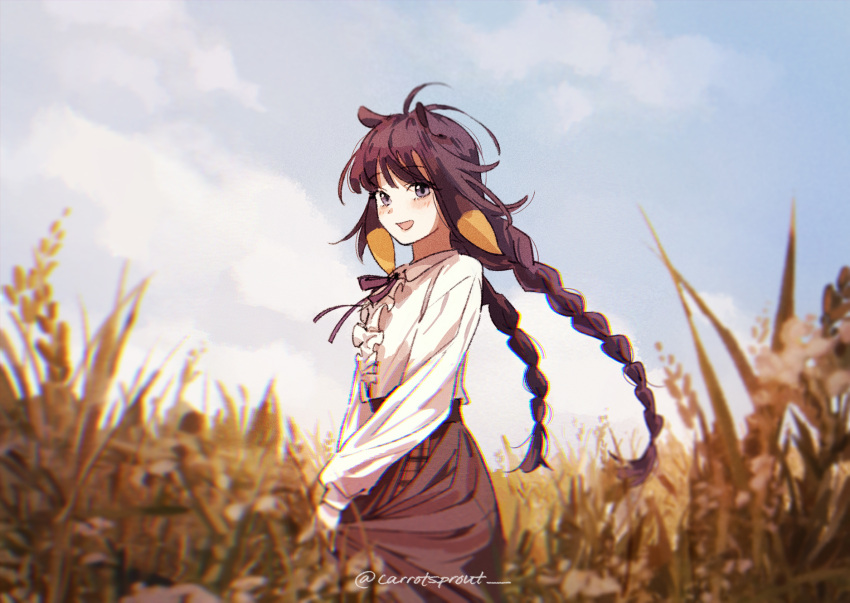 1girl alternate_costume animal_ears blue_sky blurry blurry_foreground blush braid carrotsprout clouds cloudy_sky collared_shirt commentary cowboy_shot day english_commentary eyebrows_visible_through_hair field flat_chest frilled_shirt frills highres hololive hololive_english long_hair long_sleeves looking_at_viewer multicolored_hair neck_ribbon ninomae_ina'nis open_mouth orange_hair outdoors purple_hair purple_ribbon purple_skirt ribbon shirt shirt_tucked_in skirt sky smile solo standing tentacle_hair twin_braids twintails twitter_username two-tone_hair violet_eyes virtual_youtuber wheat wheat_field white_shirt wind