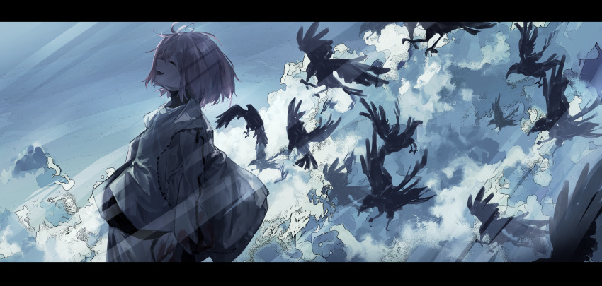 1girl absurdres bird brown_hair closed_eyes clouds crow highres kogoe_(alphabetgir1s) letterboxed long_sleeves open_mouth original shirt sky solo upper_body wide_sleeves wind