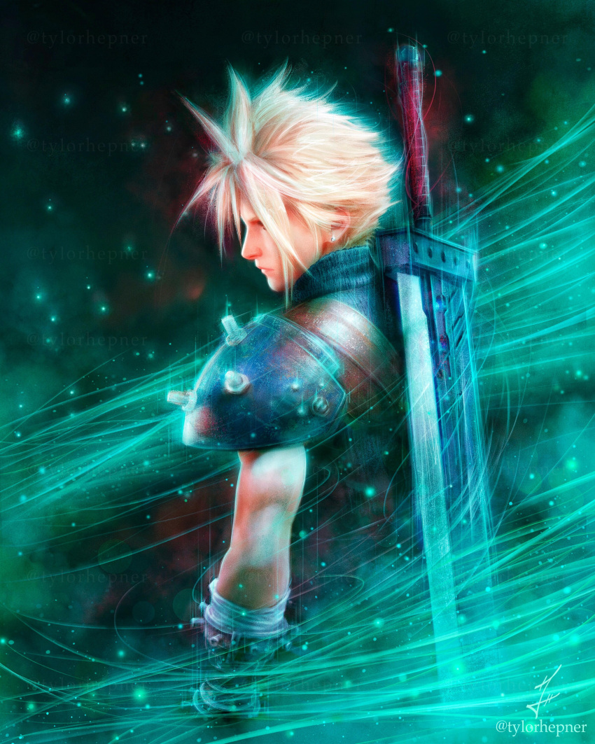1boy absurdres armor artist_name black_shirt blonde_hair buster_sword closed_mouth cloud_strife commentary earrings english_commentary final_fantasy final_fantasy_vii from_behind from_side gloves highres huge_weapon instagram_username jewelry looking_away male_focus over_shoulder pauldrons shirt shoulder_armor signature single_pauldron solo sparkle spiky_hair sword sword_over_shoulder tylor_hepner upper_body visible_air watermark weapon weapon_over_shoulder