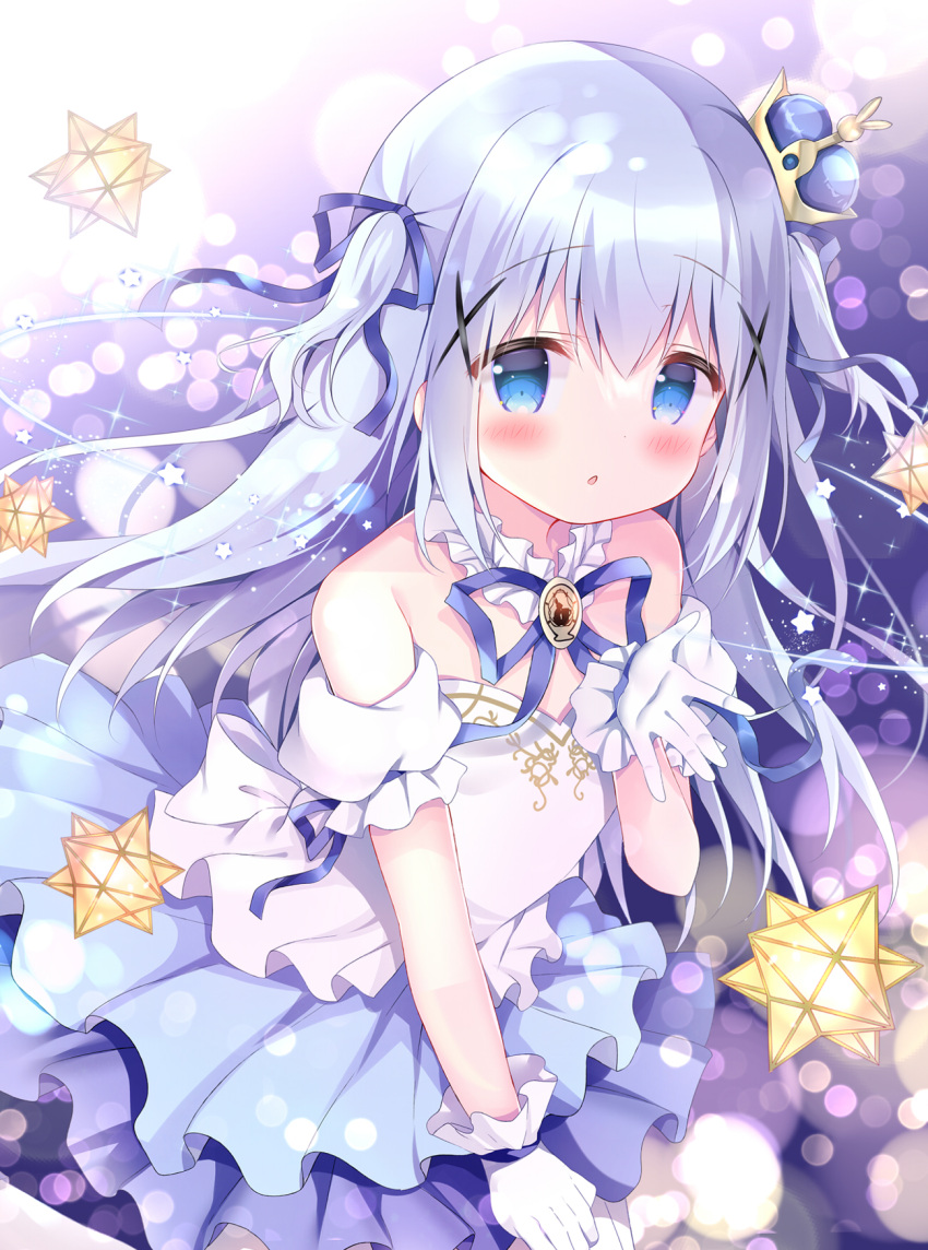 1girl azumi_kazuki bangs bare_shoulders blue_eyes blue_hair blue_ribbon blue_skirt blush commentary_request crown detached_sleeves eyebrows_visible_through_hair gloves gochuumon_wa_usagi_desu_ka? hair_between_eyes hair_ornament hair_ribbon highres kafuu_chino layered_skirt long_hair looking_at_viewer mini_crown parted_lips pleated_skirt puffy_short_sleeves puffy_sleeves ribbon short_sleeves skirt solo sparkle star_(symbol) strapless tilted_headwear two_side_up very_long_hair white_gloves white_sleeves x_hair_ornament