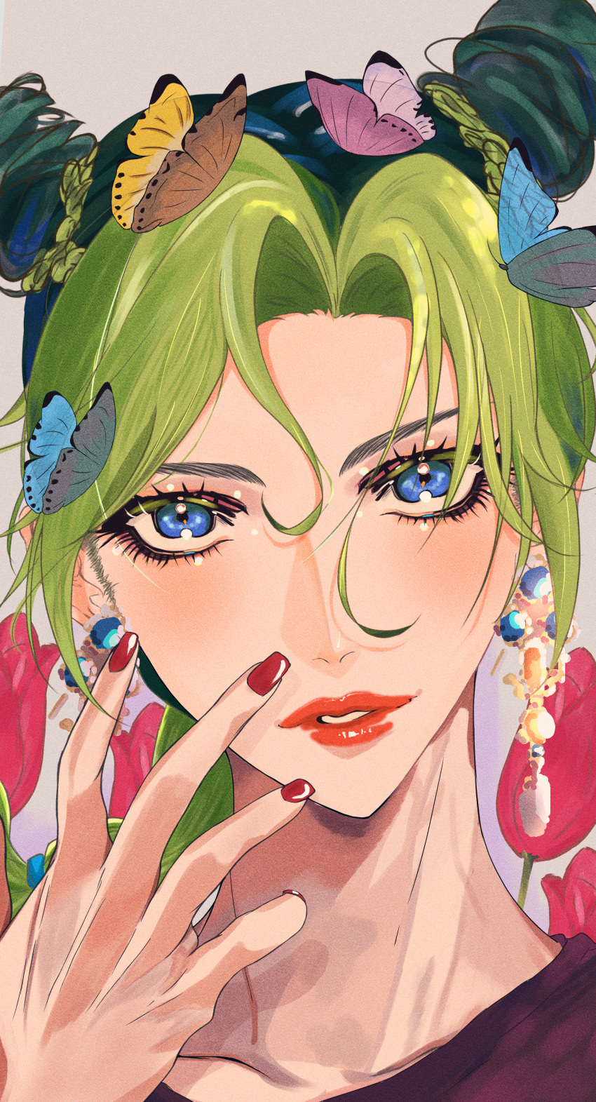 1girl absurdres black_hair blue_butterfly blue_eyes blush bug butterfly butterfly_on_head earrings enkyo flower green_hair hands_up highres jewelry jojo_no_kimyou_na_bouken kujo_jolyne looking_at_viewer multicolored_hair parted_lips pink_butterfly pink_flower portrait red_nails shadow solo stone_ocean two-tone_hair yellow_butterfly