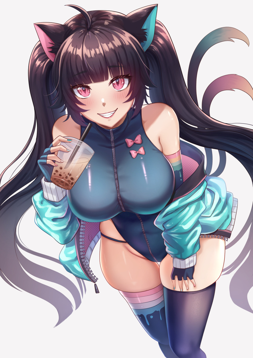 1girl absurdres ahoge animal_ear_fluff animal_ears aqua_jacket aqua_nails bangs bare_shoulders black_hair black_legwear blue_gloves blue_legwear blush bow breasts cat_ears cat_tail commentary cup disposable_cup drinking_straw english_commentary eyebrows_visible_through_hair fingerless_gloves fino_ko gloves hand_on_own_leg hand_up highres holding holding_cup indie_virtual_youtuber jacket large_breasts long_hair looking_at_viewer nail_polish nyana_(vtuber) off_shoulder open_clothes open_jacket pink_bow pink_eyes simple_background skindentation slit_pupils smile solo standing tail thigh-highs thighs twintails unzipped very_long_hair virtual_youtuber zipper