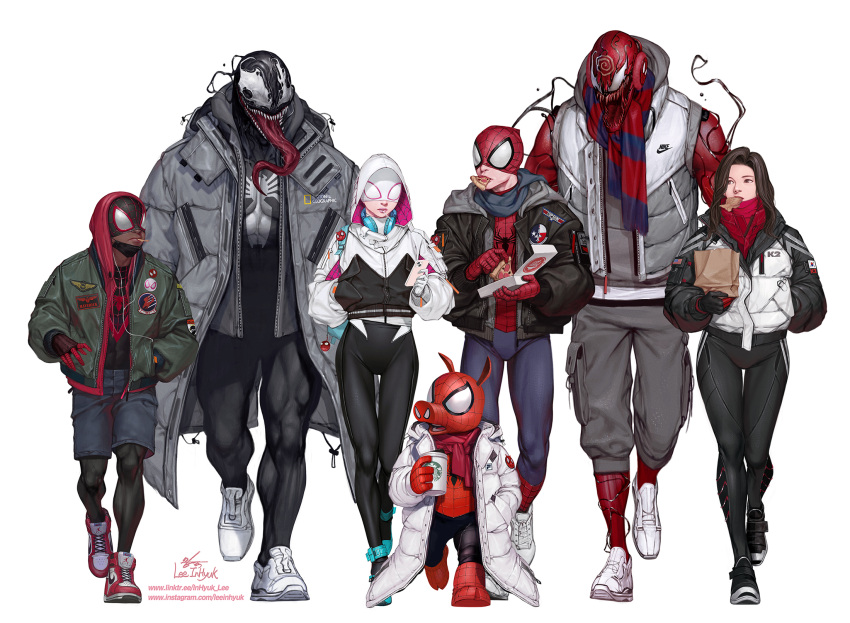 2girls 5boys adapted_costume backpack bag black_hair bodysuit bodysuit_under_clothes candy carnage_(marvel) cindy_moon commentary cup disposable_cup eating english_commentary food full_body gwen_stacy hands_in_pocket headphones headphones_around_neck highres hood hoodie in-hyuk_lee jacket lollipop long_tongue marvel mask miles_morales monster_boy mouth_mask multiple_boys multiple_girls paper_bag peter_parker pizza_box pizza_slice scarf sharp_teeth shoes silk_(marvel) simple_background sneakers snout spider-gwen spider-ham spider-man spider-man_(miles_morales) spider-man_(series) symbiote teeth thigh_gap tongue venom_(marvel) walking white_background