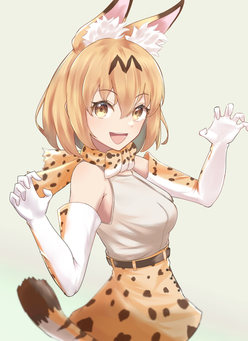 1girl animal_ears bare_shoulders blonde_hair bow bowtie cat_ears cat_girl cat_tail claw_pose commentary_request cowboy_shot elbow_gloves eyebrows_visible_through_hair gloves high-waist_skirt highres kemono_friends looking_at_viewer print_bow print_bowtie print_gloves print_skirt serval_(kemono_friends) serval_print shirt short_hair skirt sleeveless solo tail uji_(966qrr) white_shirt yellow_eyes