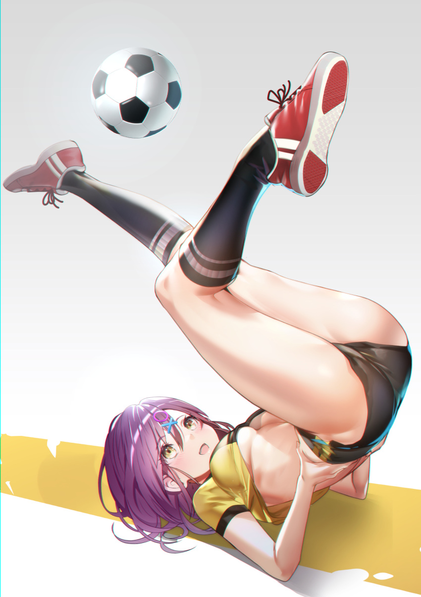 1girl :d absurdres arm_support ass ball bangs black_legwear breasts crop_top from_side full_body hair_ornament hairclip hands_on_hips highres kicking kneehighs kneepits knees_together_feet_apart legs_up looking_up lying medium_breasts medium_hair midriff no_bra on_back original purple_hair red_footwear shoe_soles shoes short_hair short_shorts short_sleeves shorts smile soccer_ball soccer_uniform solo sportswear teddy_(khanshin) thighs under_boob upshirt upside-down white_background x_hair_ornament yellow_eyes