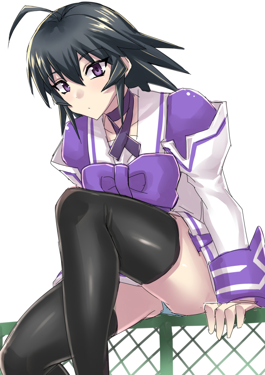 1girl ayamine_kei bangs black_hair black_legwear blue_panties blush bow collarbone eyebrows_visible_through_hair fence hakuryou_high_school_uniform highres juliet_sleeves long_sleeves looking_at_viewer medium_hair minarai muvluv panties puffy_sleeves purple_bow school_uniform sitting skirt solo thigh-highs underwear violet_eyes white_background white_skirt