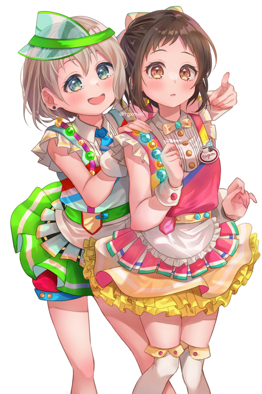 2girls :d absurdres alternate_costume alternate_hairstyle aoba_moca apron bang_dream! bangs blue_eyes blush bow bowtie brown_eyes brown_hair collared_shirt cosplay earrings feet_out_of_frame frilled_apron frilled_skirt frills grey_hair hair_bow half_updo hand_on_another's_shoulder hazawa_tsugumi highres jewelry looking_at_viewer miniskirt multiple_girls name_tag necktie official_alternate_costume open_mouth over-kneehighs petticoat pointing shirt short_hair sidelocks simple_background skirt sleeveless smile standing tareme tgxmiki thigh-highs thighs twitter_username visor_cap waitress white_background white_legwear wing_collar wrist_cuffs