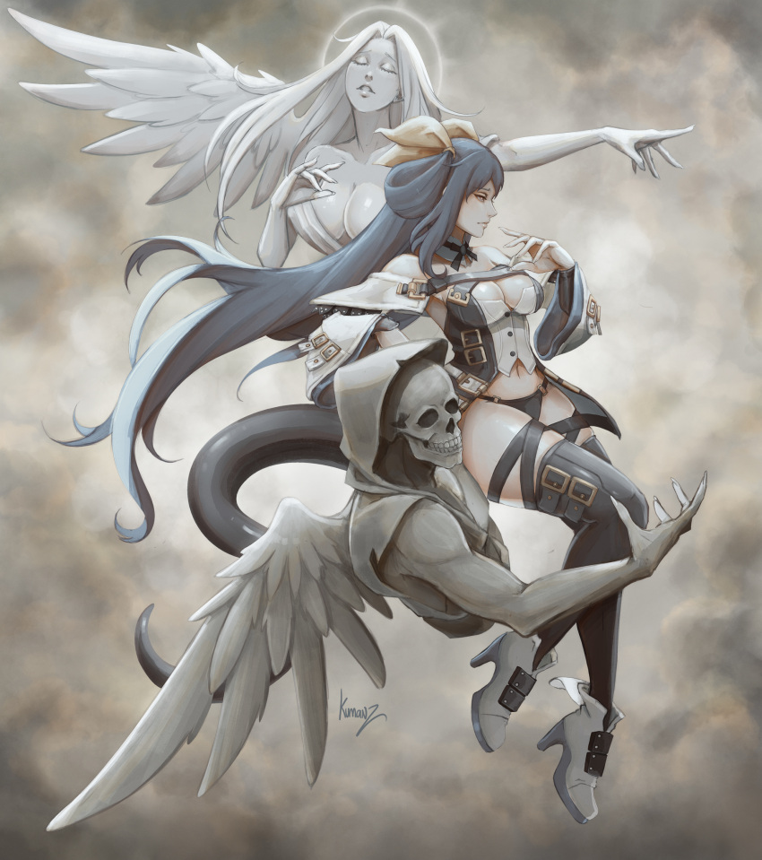 1girl absurdly_long_hair angel_wings black_legwear blue_hair breasts closed_eyes colored_skin dizzy_(guilty_gear) fingernails grey_skin guilty_gear high_heels highres kumanz large_breasts long_fingernails long_hair looking_to_the_side necro_(guilty_gear) profile skull tail thigh-highs undine_(guilty_gear) very_long_hair white_hair white_skin wings yellow_eyes