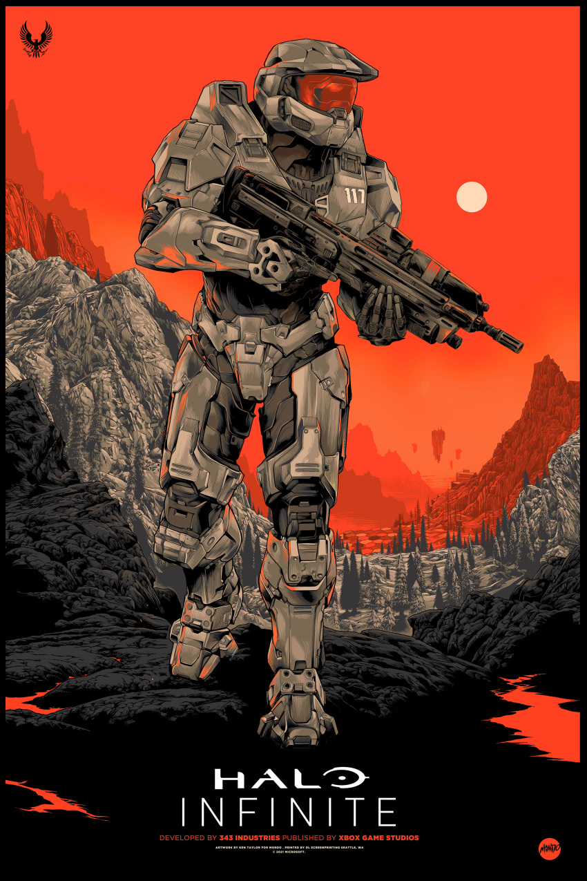 1boy absurdres artist_name assault_rifle bullpup copyright_name english_commentary gun halo_(series) halo_infinite highres holding holding_gun holding_weapon ken_taylor logo ma5 male_focus master_chief mountain official_art power_armor rifle science_fiction solo spartan_(halo) tree trigger_discipline visor weapon