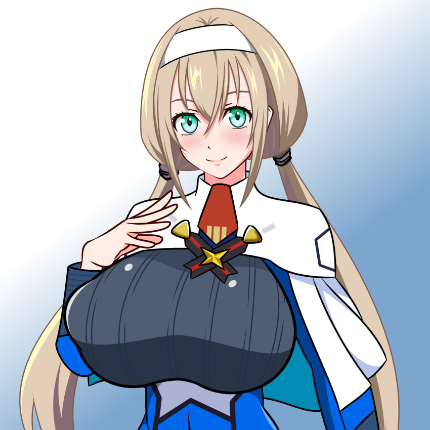 1girl blonde_hair blue_dress blush breasts capelet dress green_eyes hairband hayakawakenn highres huge_breasts long_hair long_sleeves looking_at_viewer low_twintails military military_uniform mitsuba_greyvalley smile solo super_robot_wars super_robot_wars_30 tied_hair transparent_background twintails uniform white_capelet white_hairband