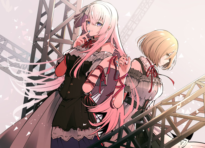 2girls aqua_nails bare_shoulders black_dress brown_hair commentary dress finger_to_mouth frilled_dress frills from_side grey_dress hair_ribbon holding_hands long_hair looking_at_viewer looking_to_the_side megurine_luka meiko multiple_girls neck_ribbon pink_hair project_sekai puffy_short_sleeves puffy_sleeves red_ribbon ribbon shinoda_mugi short_hair short_sleeves standing steel_beam string string_of_fate upper_body vocaloid