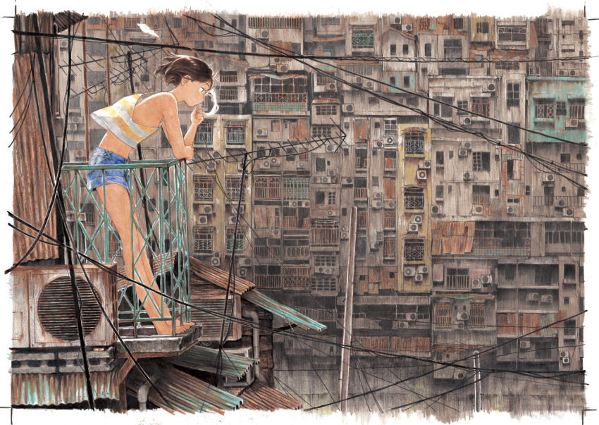 1girl air_conditioner arm_rest backlighting balcony bangs bare_arms bare_legs bare_shoulders barefoot between_fingers blue_shorts border brown_hair building cigarette cityscape closed_mouth colored_pencil_(medium) crop_top denim denim_shorts elbow_rest expressionless eyebrows_visible_through_hair floating_hair from_side fuyuno_kamome hair_behind_ear half-closed_eyes hand_up holding holding_cigarette horizontal_stripes leaning_forward leaning_on_object leaning_on_rail long_legs looking_away loose_clothes midriff mouth_hold original outdoors power_lines profile scenery short_hair short_shorts shorts sleeveless slums smoke smoking solo standing striped striped_tank_top tank_top tile_roof traditional_media utility_pole white_border wide_shot wind