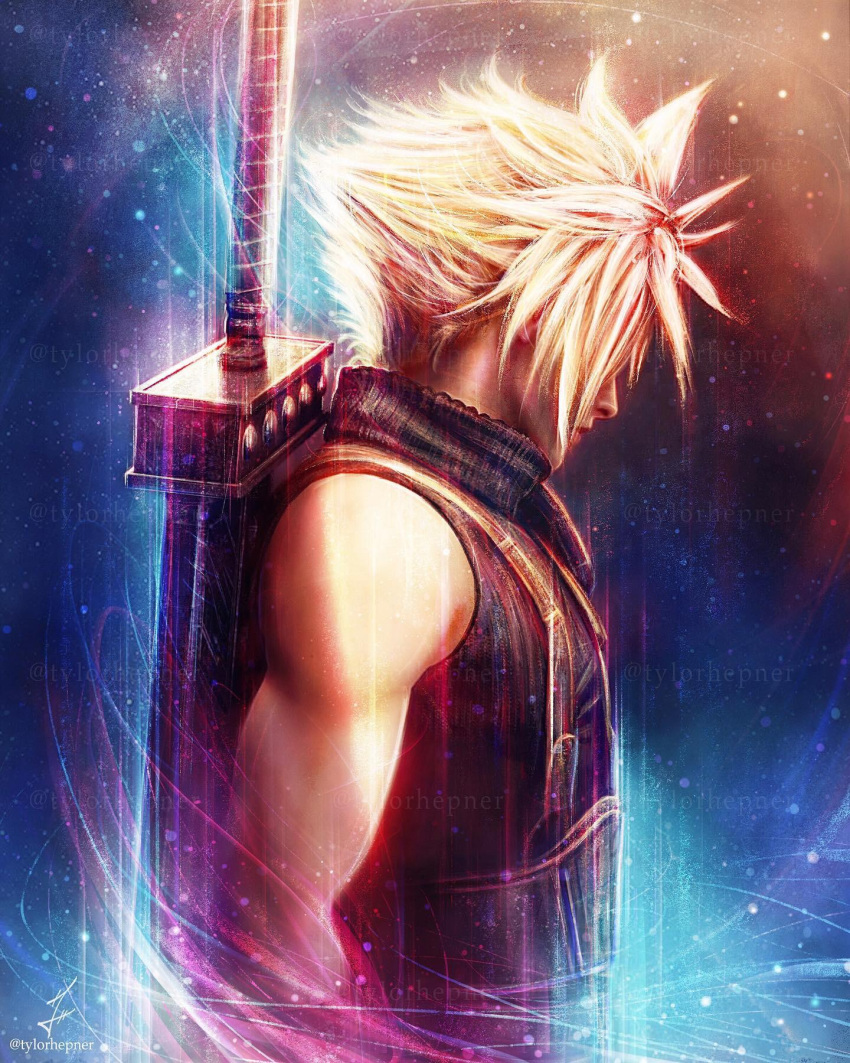 1boy artist_name black_shirt blonde_hair blue_background buster_sword cloud_strife commentary english_commentary final_fantasy final_fantasy_vii from_side highres instagram_username looking_away male_focus muscular muscular_male orange_background over_shoulder ribbed_sweater shirt signature sleeveless sleeveless_sweater sleeveless_turtleneck solo sparkle spiky_hair sweater sword sword_over_shoulder turtleneck turtleneck_sweater tylor_hepner upper_body visible_air watermark weapon weapon_over_shoulder weight_belt