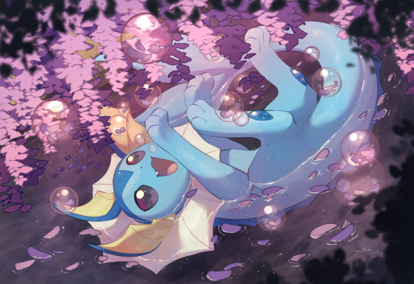 :d bubble commentary_request from_above happy highres lying no_humans nullma on_back open_mouth petals pokemon pokemon_(creature) smile solo toes tongue vaporeon water