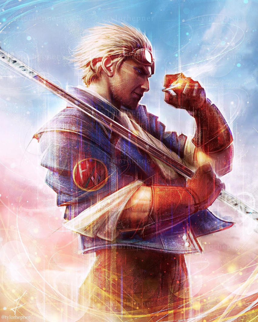 1boy artist_name blonde_hair blue_background blue_eyes blue_jacket brown_gloves brown_pants cid_highwind cigarette closed_mouth commentary cowboy_shot denim denim_jacket english_commentary facial_hair final_fantasy final_fantasy_vii from_side gloves goggles goggles_on_head highres holding holding_cigarette holding_staff holding_weapon instagram_username jacket looking_at_viewer looking_to_the_side male_focus pants patch pink_background signature sleeves_rolled_up smoking solo staff stubble tylor_hepner visible_air watermark weapon yellow_background
