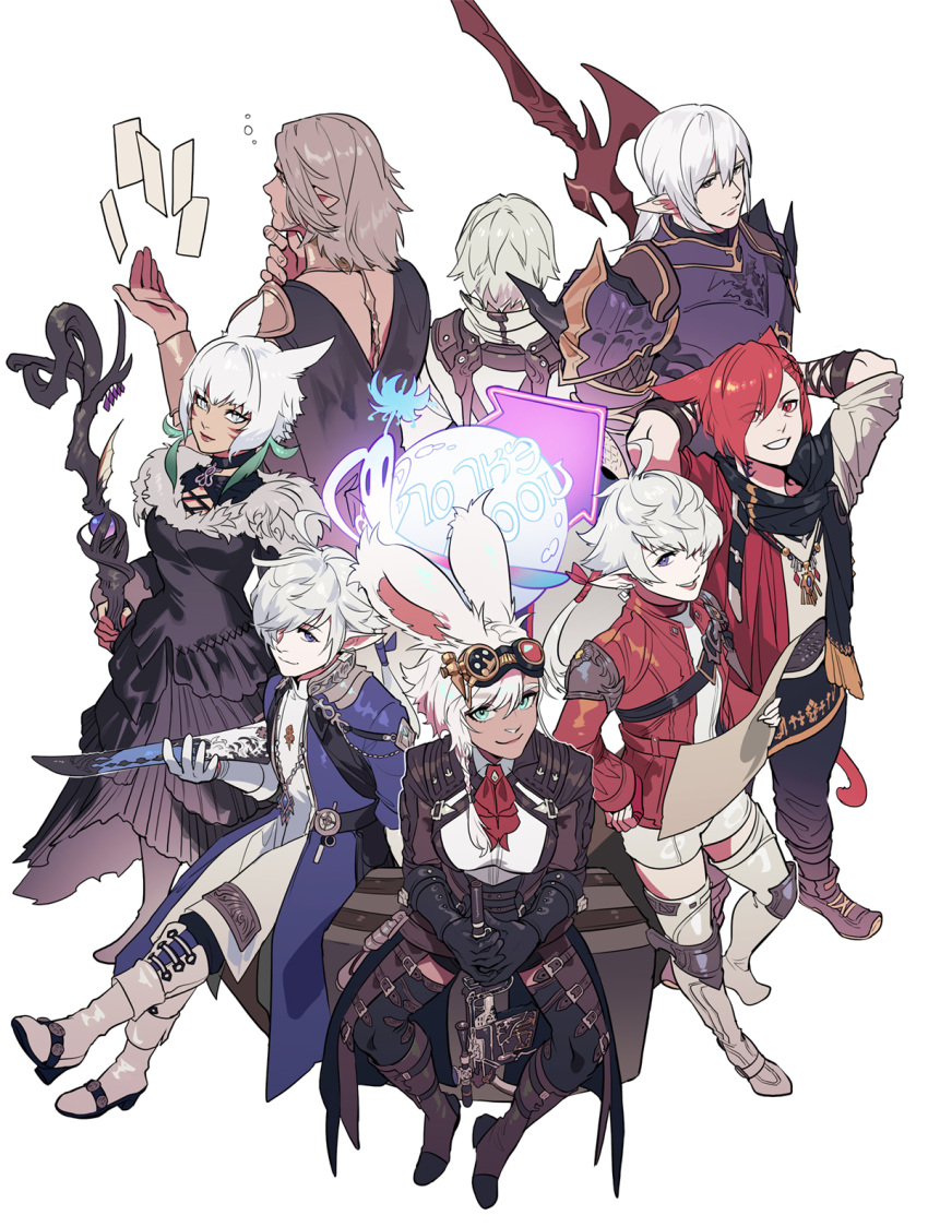 3girls 5boys ahoge alisaie_leveilleur alphinaud_leveilleur animal_ears armor avatar_(ffxiv) blue_eyes boots breastplate breasts byuub cat_ears cat_girl cat_tail choker commentary dress elezen elf english_commentary estinien_wyrmblood eyebrows_visible_through_hair eyes_visible_through_hair final_fantasy final_fantasy_xiv full_body g'raha_tia gloves goggles goggles_on_head green_eyes grey_eyes grey_hair gun hair_between_eyes hair_over_one_eye highres holding holding_staff jacket long_sleeves looking_at_viewer medium_breasts miqo'te multiple_boys multiple_girls paper parted_lips plate_armor pointy_ears polearm ponytail rabbit_ears rabbit_girl red_eyes redhead scarf short_hair shorts shoulder_armor shoulder_spikes simple_background sitting slit_pupils smile spikes staff standing tail teeth thancred_waters thigh-highs thigh_boots urianger_augurelt viera weapon white_background white_hair y'shtola_rhul