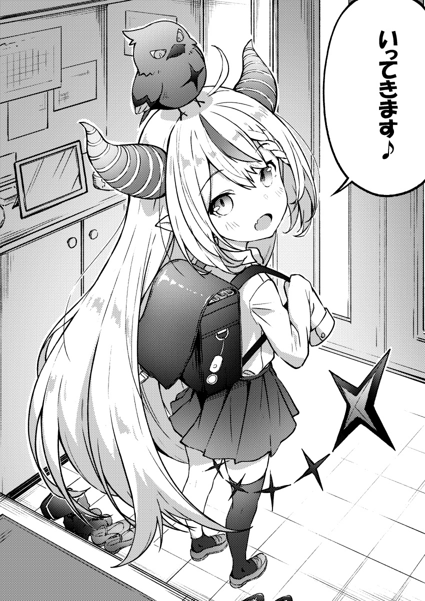 1girl absurdres ahoge animal_on_head asanaya backpack bag bird blush crow_(la+_darknesss) demon_horns eyebrows_visible_through_hair fang greyscale highres hololive horns indoors la+_darknesss long_hair monochrome musical_note on_head pointy_ears randoseru skin_fang speech_bubble standing translation_request very_long_hair virtual_youtuber