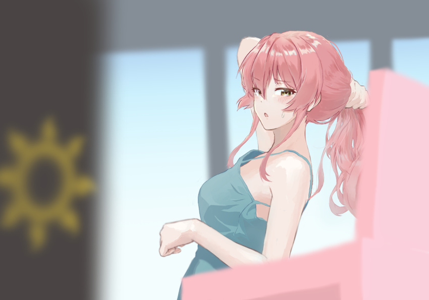 1girl :o blurry blurry_background blurry_foreground breasts depth_of_field eyebrows_visible_through_hair green_tank_top holding holding_hair idolmaster idolmaster_cinderella_girls jougasaki_mika looking_at_viewer looking_to_the_side medium_breasts nape pink_hair shikishiyou sideways_glance solo sweatdrop tank_top upper_body