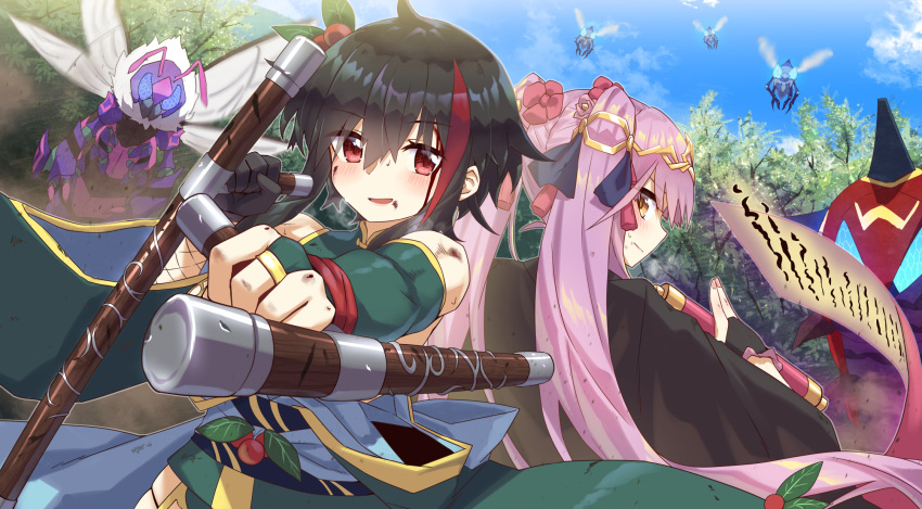 2girls animal back-to-back bangs bare_shoulders black_cape black_gloves black_hair blush bridal_gauntlets brown_eyes bug cape closed_mouth commentary_request day dual_wielding eyebrows_visible_through_hair flower flower_knight_girl flying gajumaru_(flower_knight_girl) gloves green_shirt hair_between_eyes hair_flower hair_ornament highres holding holding_weapon long_hair looking_at_viewer looking_back mizunashi_(second_run) multicolored_hair multiple_girls outdoors outstretched_arm oversized_animal parted_lips pink_hair profile red_eyes red_flower redhead shirt single_glove sleeveless sleeveless_shirt smile streaked_hair tonfa twintails very_long_hair wabisuke_(flower_knight_girl) weapon