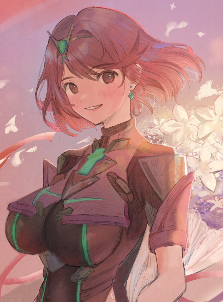 1girl bangs breasts chest_jewel earrings flower fujie-yz highres jewelry large_breasts pyra_(xenoblade) red_eyes redhead short_hair solo swept_bangs tiara xenoblade_chronicles_(series) xenoblade_chronicles_2