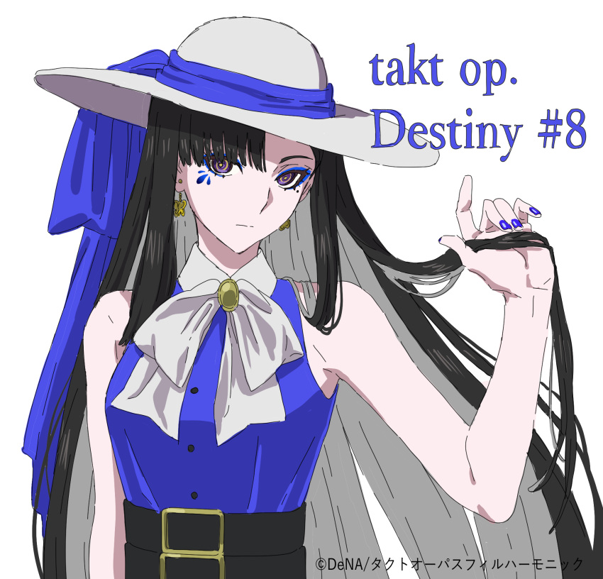 1girl 7070_015 :| belt black_belt black_hair blue_bow blue_dress blue_eyeshadow blue_nails bow butterfly_earrings closed_mouth copyright_name dress earrings episode_number eyeshadow hat highres holding holding_hair jewelry long_hair looking_at_viewer makeup multicolored_hair pale_skin sleeveless solo takt_op._destiny tengoku_(takt_op.) two-tone_hair upper_body violet_eyes white_hair white_headwear