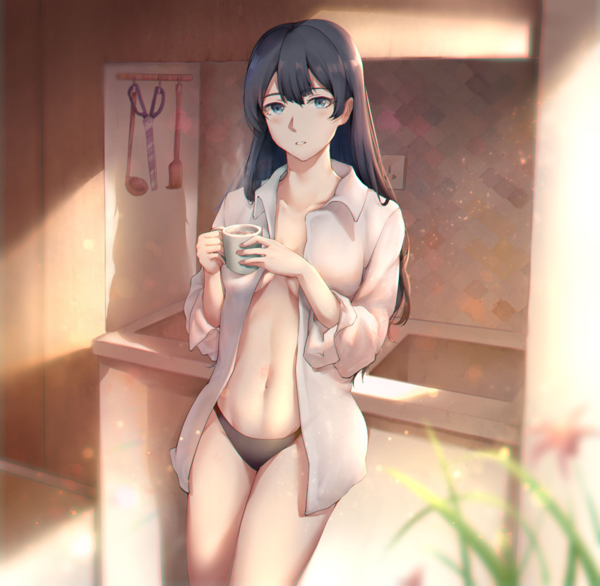 1girl black_hair black_panties blue_eyes blurry blush breasts chinese_commentary chromatic_aberration coffee cowboy_shot cup depth_of_field dress_shirt er_gou_daoren hands_up highres holding holding_cup indoors kitchen ladle leaning_back lens_flare light_particles long_hair looking_at_viewer morning mug navel no_bra no_pants open_clothes open_shirt original panties parted_lips scissors shirt sink sleeves_folded_up solo standing steam sunlight underwear white_shirt