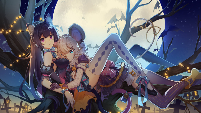 2girls animal_ears asymmetrical_legwear bangs bat benghuai_xueyuan blue_bow blue_bowtie blue_eyes boots bow bowtie branch cat_ears cat_tail closed_mouth dress drill_hair fake_animal_ears full_body full_moon gloves halloween halloween_costume highres honkai_(series) honkai_impact_3rd kiana_kaslana leaning_on_person long_hair looking_at_viewer lying mismatched_legwear moon mouse_ears mouse_tail multiple_girls night night_sky official_art on_back one_eye_closed ponytail purple_dress purple_gloves purple_hair purple_legwear raiden_mei sky sleeveless sleeveless_dress smile star_(sky) starry_sky tail thigh-highs tree twin_drills violet_eyes white_hair white_legwear white_sleeves yellow_footwear