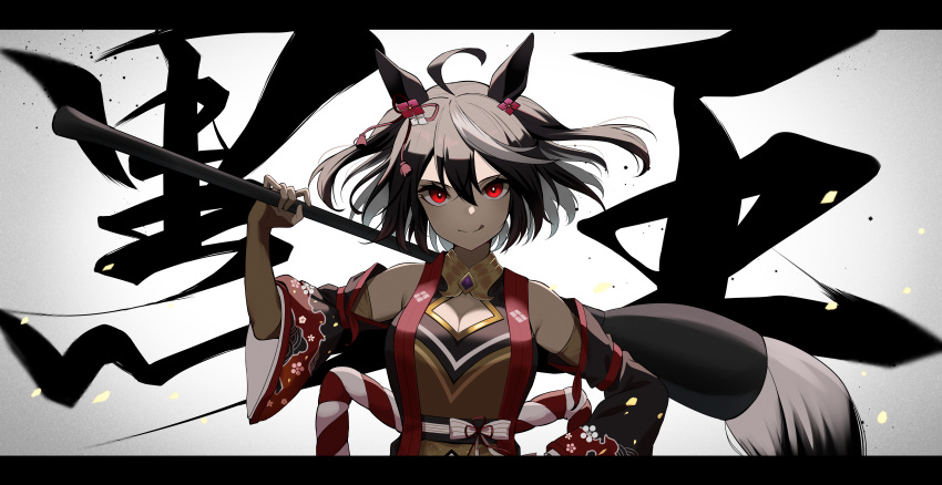1girl absurdres ahoge animal_ears armpit_crease bangs bare_shoulders black_hair breasts calligraphy_brush cleavage_cutout clothing_cutout commentary_request detached_sleeves dress giant_brush haibarasaika hair_ornament hand_on_hip highres horse_ears kitasan_black_(umamusume) kouhaku_nawa letterboxed licking_lips looking_at_viewer medium_breasts multicolored_hair over_shoulder paintbrush red_eyes short_hair sleeveless sleeveless_dress solo tongue tongue_out two-tone_hair umamusume upper_body white_hair wide_sleeves