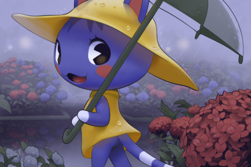 1girl :3 animal_crossing animal_ears bangs bare_shoulders black_eyes blue_flower blue_fur blue_hair blush_stickers body_fur bush cat_ears cat_girl cat_tail coat commentary_request ears_through_headwear flower from_behind furry furry_female hand_up happy hat holding holding_umbrella inkune looking_at_viewer looking_back open_mouth outdoors rain raincoat red_flower reflection rosie_(animal_crossing) short_hair sleeveless_coat smile solo standing tail two-tone_fur umbrella walking water_drop white_flower white_fur yellow_coat yellow_headwear