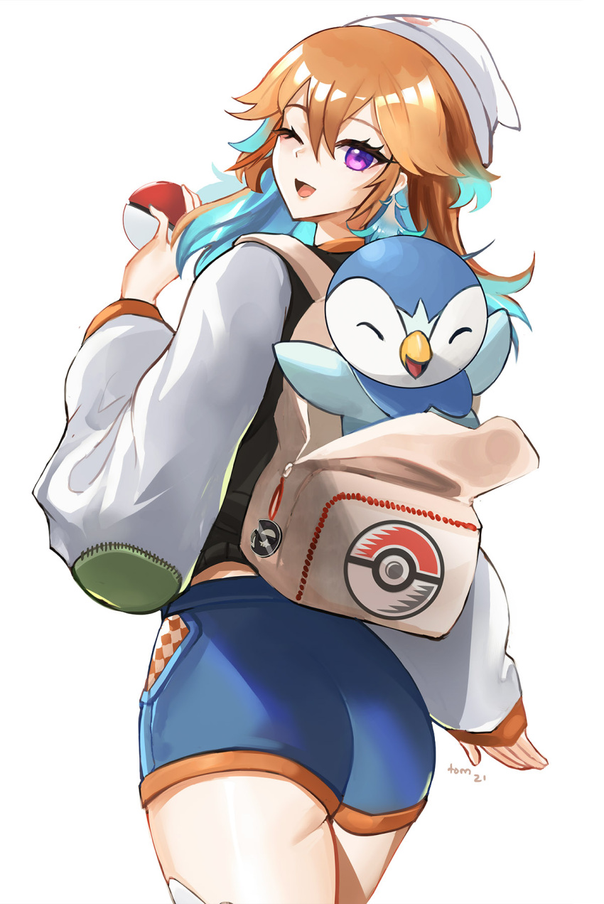 1girl ;d alternate_costume aqua_hair ass back backpack bag beanie blue_shorts earrings english_commentary feather_earrings feathers from_behind hat highres holding holding_poke_ball hololive hololive_english jacket jewelry looking_at_viewer looking_back multicolored_hair one_eye_closed open_mouth orange_hair piplup poke_ball poke_ball_(basic) poke_ball_print pokemon shorts simple_background smile takanashi_kiara thighs tommy_(kingdukeee) two-tone_hair violet_eyes virtual_youtuber white_background