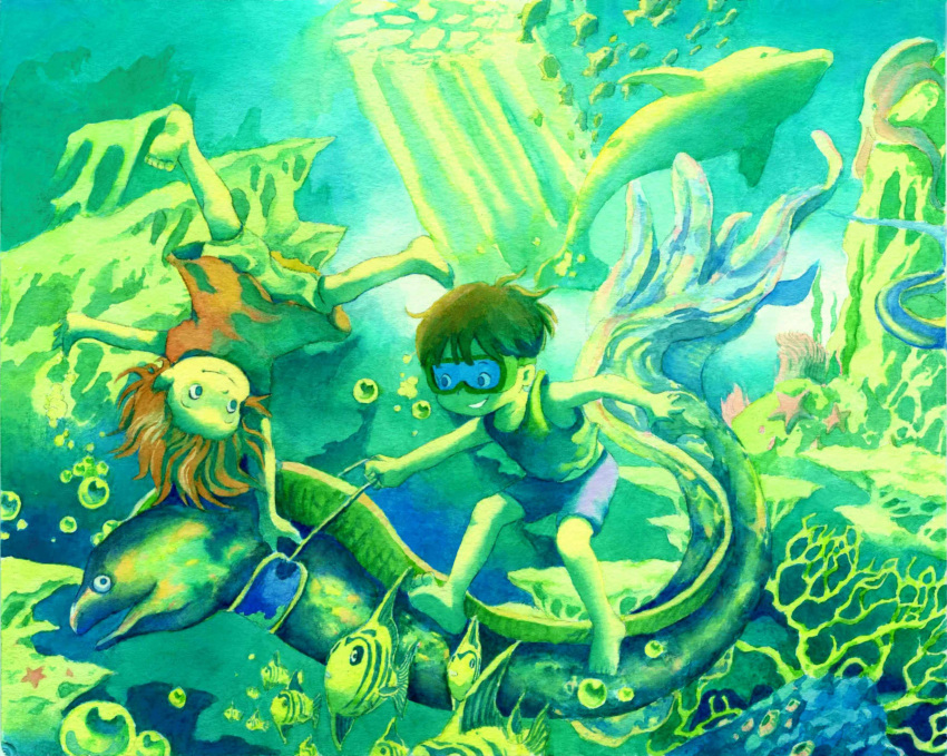 1boy 1girl :p absurdres bare_arms barefoot blue_eyes bubble child coral_reef dolphin dress eel english_commentary floating floating_hair gake_no_ue_no_ponyo highres looking_at_another moonby nature outstretched_arms painting_(medium) ponyo red_dress redhead school_of_fish short_hair shorts smile sousuke_(ponyo) spread_arms spread_legs teeth tongue tongue_out traditional_media underwater watercolor_(medium)