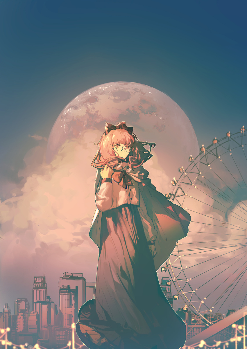 1girl absurdres black_bow blue_sky bow bowtie brown_bow brown_bowtie brown_cape brown_dress brown_eyes brown_hair building cape city closed_mouth clouds commentary dress english_commentary feet_out_of_frame ferris_wheel glasses hair_bow highres lobelia_(saclia) long_hair long_sleeves moon original sky skyline solo