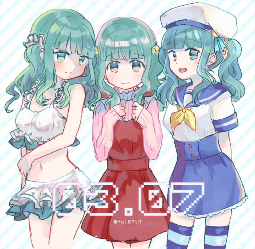 3girls :d bangs blunt_bangs futaba_sana green_eyes green_hair hat long_sleeves low_twintails magia_record:_mahou_shoujo_madoka_magica_gaiden mahou_shoujo_madoka_magica multiple_girls multiple_persona sailor_collar sailor_hat school_uniform short_sleeves smile swimsuit thigh-highs totte twintails