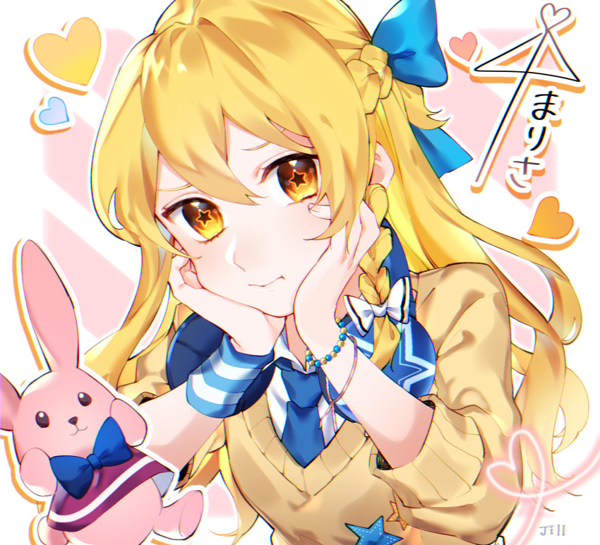 +_+ 1girl alternate_costume animal animal_ears artist_name bangs black_eyes blonde_hair blouse blue_bow blue_necktie bow bracelet braid brown_eyes closed_mouth collar collared_shirt colored_skin eyebrows_visible_through_hair hair_between_eyes hair_bow hands_on_own_face hands_up headphones heart highres jewelry jill_07km kirisame_marisa long_hair long_sleeves looking_at_viewer looking_to_the_side necktie no_hat no_headwear pink_background pink_skin puffy_long_sleeves puffy_sleeves rabbit rabbit_ears rabbit_tail shirt single_braid sitting smile solo star_(symbol) star_print striped striped_background tail touhou touhou_lost_word white_background white_bow white_shirt wrist_cuffs yellow_blouse yellow_eyes yellow_sleeves