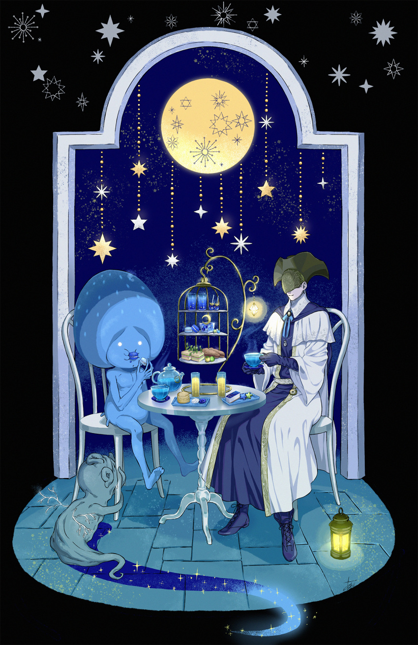 1girl alien arizuka_(catacombe) black_background black_gloves black_headwear bloodborne blue_background blue_skin boots celestial_child celestial_emissary chair colored_skin covered_eyes cup eating food glass gloves hat highres lamp long_sleeves macaron moon pastry plate sitting smile star_(symbol) stone_floor table tea_party teacup teapot tiered_tray yurie_the_last_scholar