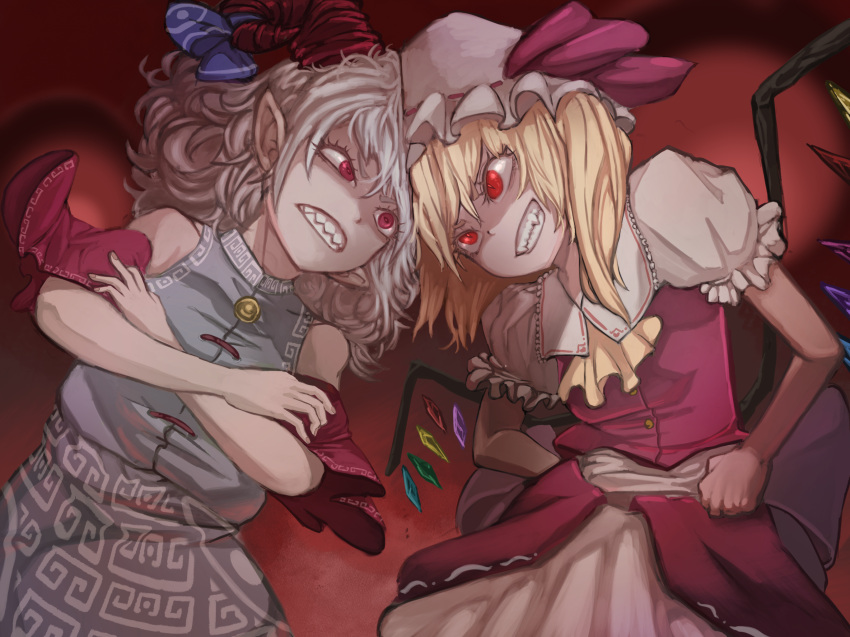 2girls angry ascot bare_shoulders blonde_hair clenched_hand clenched_teeth collared_shirt confrontation crossed_arms curly_hair detached_sleeves eye_contact fangs flandre_scarlet forehead-to-forehead frilled_shirt_collar frills grey_shirt hands_on_hips hat hat_ribbon heads_together highres horizontal_pupils horn_ornament horn_ribbon horns kaden_(muxt8423) looking_at_another meandros mob_cap multiple_girls one_side_up pointy_ears puffy_short_sleeves puffy_sleeves red_background red_eyes red_horns red_ribbon red_sleeves red_vest ribbon sharp_teeth sheep_horns shirt short_hair short_sleeves slit_pupils teeth touhou toutetsu_yuuma v-shaped_eyebrows vest white_hair wings yellow_ascot