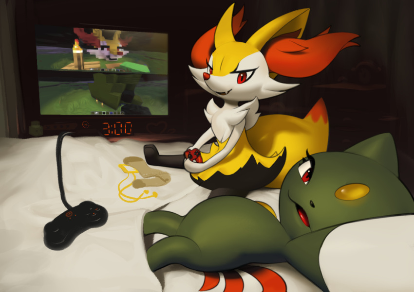 2girls :3 alarm_clock animal_ear_fluff animal_ears animal_feet animal_nose arm_up black_fur body_fur braixen cellphone clock commentary_request controller drawer fang flat_chest forehead_jewel fox_ears fox_girl fox_tail fur_collar furry furry_female game_controller green_fur happy headphones holding holding_controller holding_game_controller indoors inkune looking_at_viewer lying minecraft multiple_girls night on_back on_bed open_mouth outstretched_arm partial_commentary phone playing_games pokemon pokemon_(creature) red_eyes selfie sitting smartphone smile sneasel snout socks spread_legs tail television white_fur yellow_fur