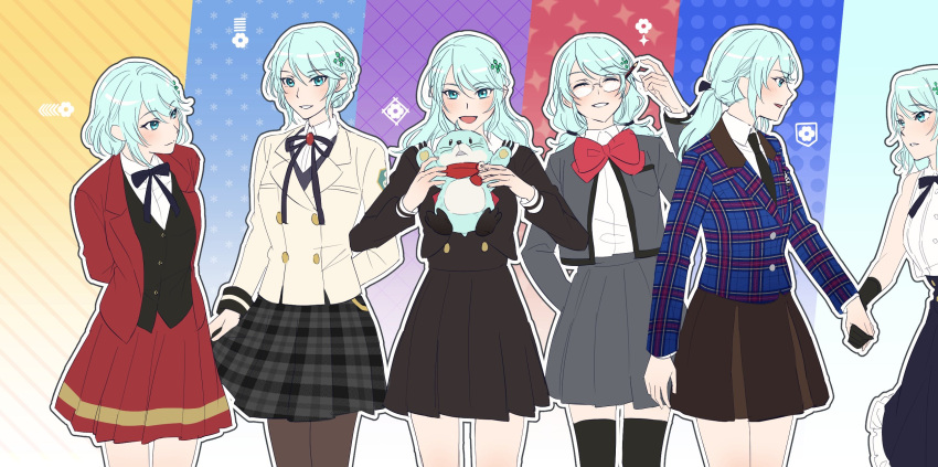 6+girls :d alternate_hairstyle aqua_background aqua_eyes aqua_hair arm_at_side arm_up arms_behind_back bangs bare_shoulders beige_jacket bespectacled black_gloves black_legwear black_ribbon black_skirt black_vest blue_background blue_jacket blush bow bowtie breast_pocket brown_dress brown_legwear brown_skirt buttons closed_eyes closed_mouth collared_shirt commentary_request cosplay cowboy_shot cropped_jacket dee0333 double-breasted dress elle_(revue_starlight) emblem eye_contact eyebrows_visible_through_hair facing_viewer flower_(symbol) frilled_skirt frills glasses gloves gradient gradient_background grey_jacket grey_skirt grin hair_ornament hair_ribbon hands_up high-waist_skirt highres holding holding_hands holding_stuffed_toy jacket korean_commentary long_hair long_sleeves looking_at_another looking_at_viewer looking_to_the_side low_ponytail low_twintails miniskirt multicolored_background multiple_girls multiple_persona neck_ribbon open_clothes open_jacket open_mouth outline pantyhose parted_lips pencil pencil_behind_ear plaid plaid_jacket plaid_skirt pleated_dress pleated_skirt pocket polka_dot polka_dot_background ponytail profile purple_background red_background red_bow red_bowtie red_jacket red_skirt ribbon rinmeikan_girls_school_uniform sailor_collar school_uniform seishou_music_academy_uniform serafuku shiny shiny_hair shirt short_hair shoujo_kageki_revue_starlight shoujo_kageki_revue_starlight_-re_live- side-by-side single_stripe skirt skirt_hold sleeveless sleeveless_shirt smile snowflake_background sparkle_background standing striped striped_background striped_skirt stuffed_animal stuffed_toy swept_bangs thigh-highs twintails vest white_outline white_sailor_collar white_shirt yellow_background