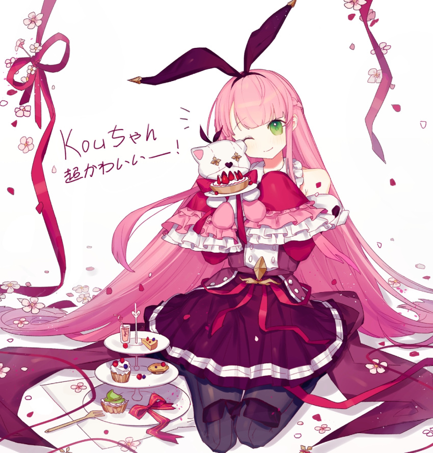 1girl ;) arcaea background_text bangs blunt_bangs boots bow bowtie cake_stand cot_(co2cotton) dress flower frilled_dress frilled_sleeves frills green_eyes highres kou_(arcaea) long_hair one_eye_closed pastry pink_hair ribbon seiza sitting sleeves_past_fingers sleeves_past_wrists smile solo stuffed_animal stuffed_toy teddy_bear thigh-highs thigh_boots