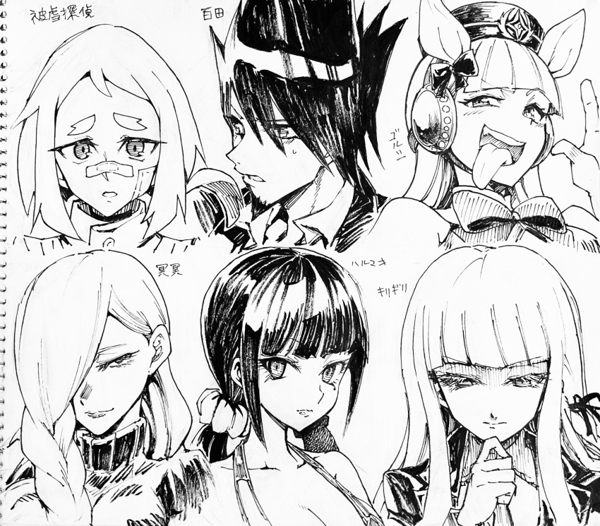 1boy 5girls animal_ears bandaid bandaid_on_nose bangs beard bikini blunt_bangs bow bowtie braid character_request collarbone collared_shirt commentary_request copyright_request danganronpa:_trigger_happy_havoc danganronpa_(series) danganronpa_v3:_killing_harmony facial_hair gender_request goatee hair_ornament hair_over_one_eye hair_ribbon hair_scrunchie hand_on_own_chin hand_up hat highres horse_ears jacket long_hair long_tongue looking_at_viewer mole mole_under_eye multiple_girls necktie portrait ribbon scrunchie shiny shiny_hair shirt short_hair smile spiky_hair sweatdrop swimsuit thinking tongue tongue_out traditional_media translation_request tsunemi_aosa twintails umamusume