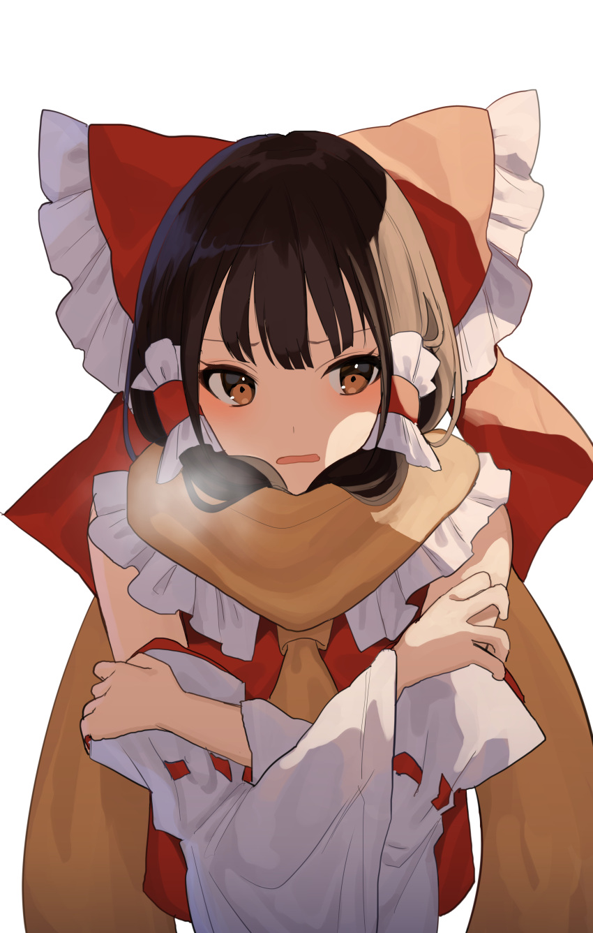 1girl absurdres bangs blush bow breath brown_eyes brown_hair cold detached_sleeves eyebrows_behind_hair hair_bow hair_tubes hakurei_reimu highres kozomezuki long_hair long_sleeves looking_away looking_to_the_side parted_lips scarf simple_background solo touhou upper_body white_background wide_sleeves