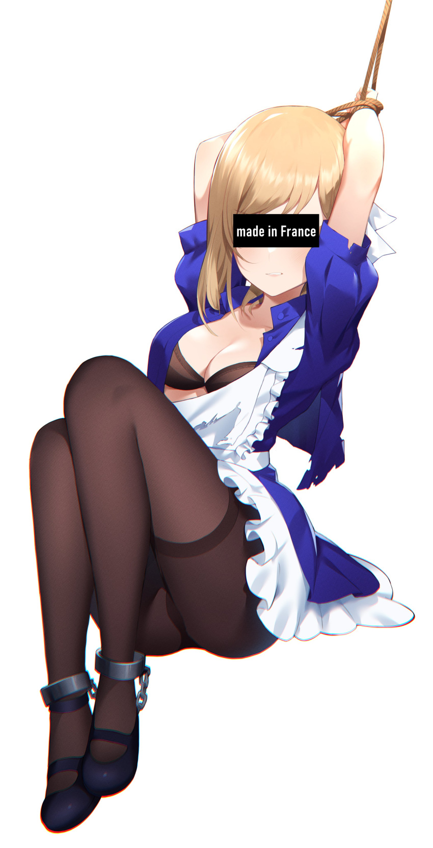 1girl absurdres ankle_cuffs apron arms_up bangs bingsardina blonde_hair blue_dress bound bound_ankles bound_wrists bra breasts brown_bra brown_legwear censored chain commentary dress english_commentary frilled_apron frilled_dress frills full_body highres identity_censor medium_breasts original pantyhose parted_lips rope shoes short_hair short_sleeves simple_background sitting solo underwear white_apron white_background