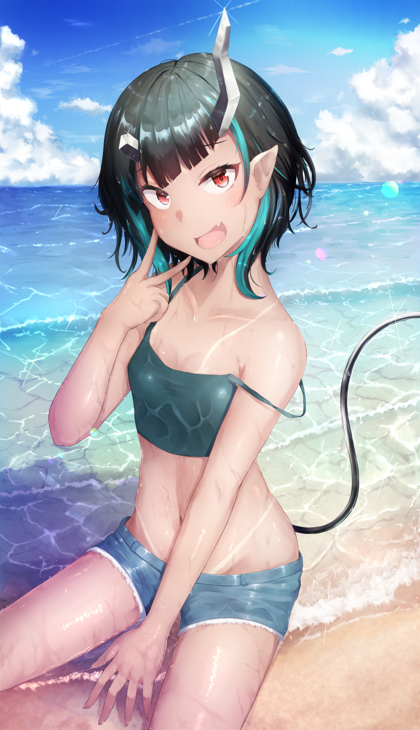 1girl absurdres akagane_mic alternate_costume alternate_hair_length alternate_hairstyle bangs beach black_camisole black_hair blue_hair blue_shorts blue_sky blush breasts camisole clouds commentary_request cowboy_shot crop_top day demon_girl demon_horns demon_tail fang glint head_tilt highres horizon horns lens_flare looking_at_viewer midriff multicolored_hair navel ocean open_mouth outdoors pointy_ears red_eyes revision sand shishio_chris short_hair short_shorts shorts sitting skin_fang sky small_breasts smile solo strap_slip sugar_lyric tail tan tanlines two-tone_hair v virtual_youtuber wet