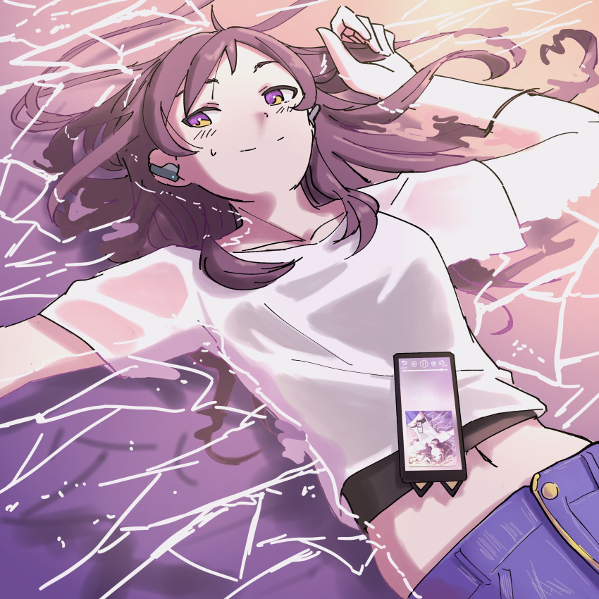1girl absurdres beach black_tank_top brown_hair cellphone earphones earphones epitaph_(1122) highres idolmaster idolmaster_million_live! idolmaster_million_live!_theater_days kitazawa_shiho long_hair looking_at_viewer phone shirt shorts smartphone smile solo sunset tank_top water wet wet_clothes white_shirt yellow_eyes