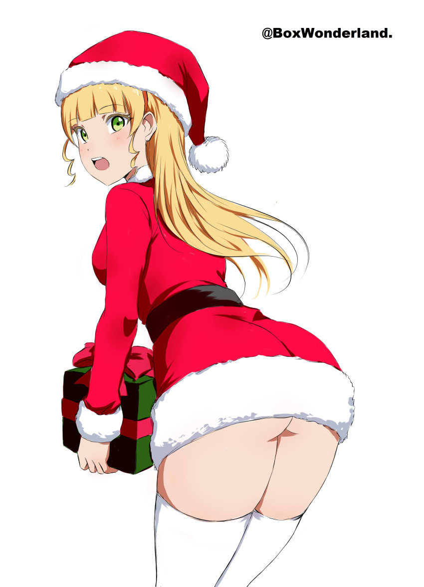 1girl :o absurdres angel_gabriel. ass bent_over blonde_hair box christmas christmas_present dress from_behind gift green_eyes hat heanna_sumire highres holding holding_box long_hair looking_at_viewer looking_back love_live! love_live!_superstar!! open_mouth santa_costume santa_dress santa_hat short_dress simple_background solo thigh-highs thighs white_background zettai_ryouiki